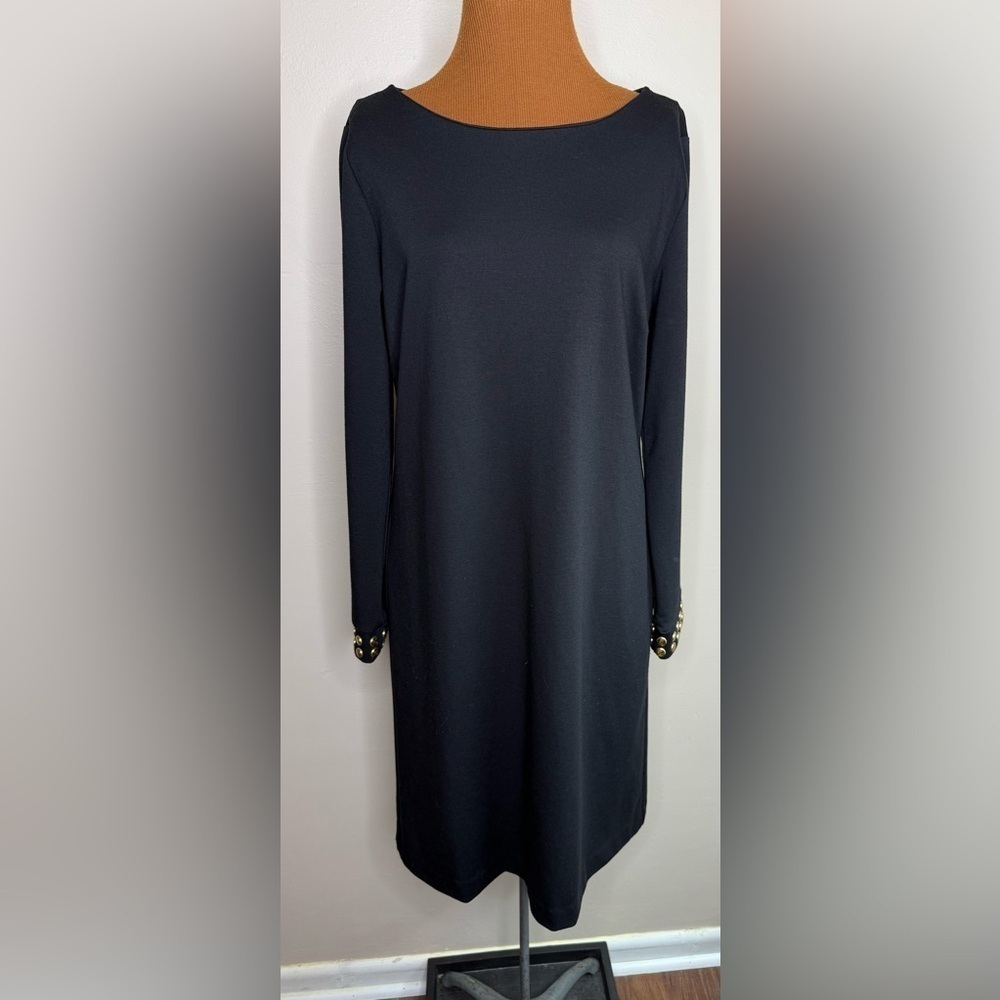 Carmen Marc Valvo Black Ponte Dress Long Sleeve Studded Cuff Size Large